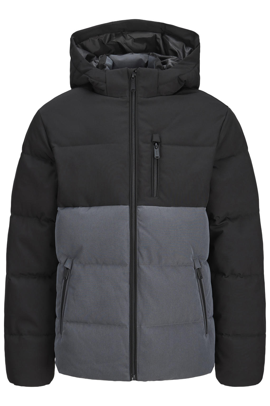 Grijs en zwarte jongens JACK & JONES JUNIOR gewatteerde winterjas van gerecycled polyester met meerkleurige print, lange mouwen, capuchon, ritssluiting en gebreide details