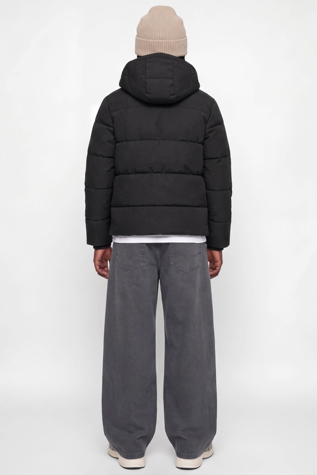 Zwarte jongens JACK & JONES JUNIOR gebreide gewatteerde winterjas van polyester met effen, lange mouwen, capuchon en ritssluiting