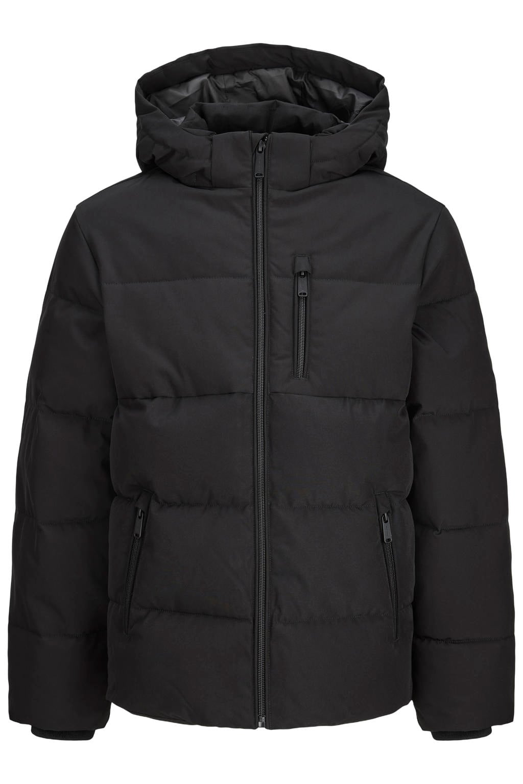 Zwarte jongens JACK & JONES JUNIOR gebreide gewatteerde winterjas met effen, lange mouwen, capuchon en ritssluiting