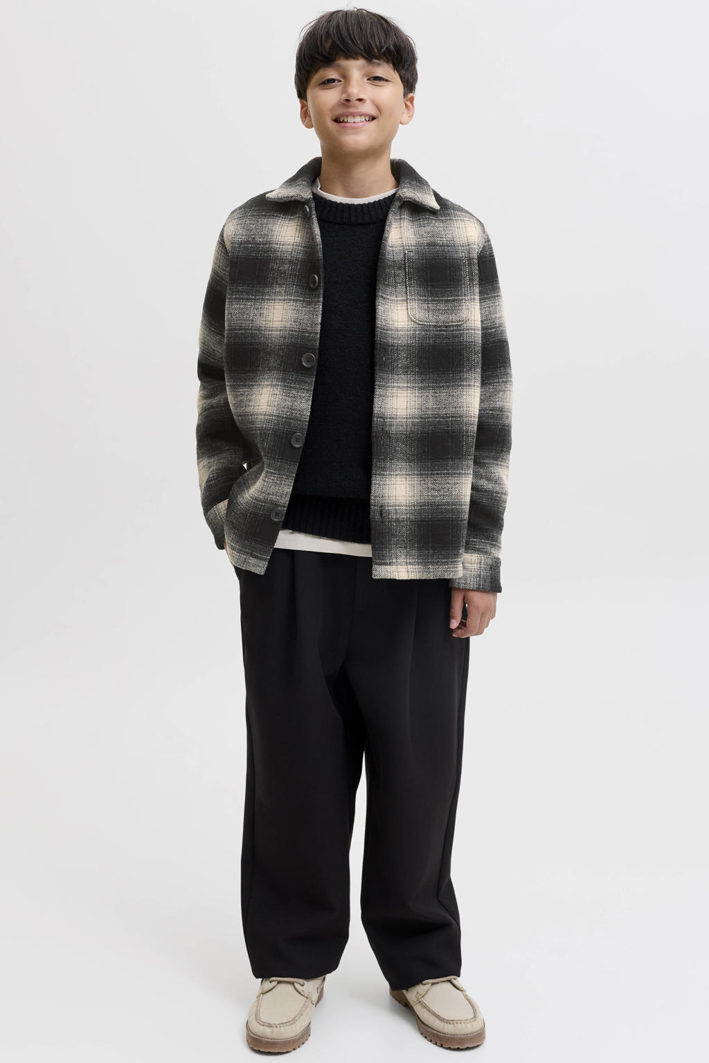 Antraciet en ecru jongens JACK & JONES JUNIOR geruit overshirt van polyester met lange mouwen, button down sluiting, knoopsluiting en geweven detail