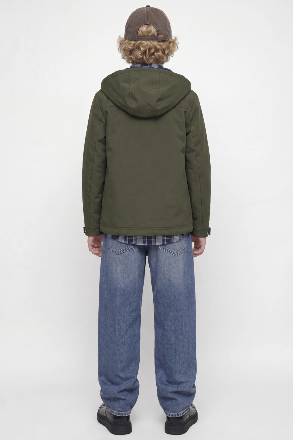 Donkergroene jongens JACK & JONES JUNIOR gebreide winterparka van polyester met effen, lange mouwen, capuchon en rits- en knoopsluiting