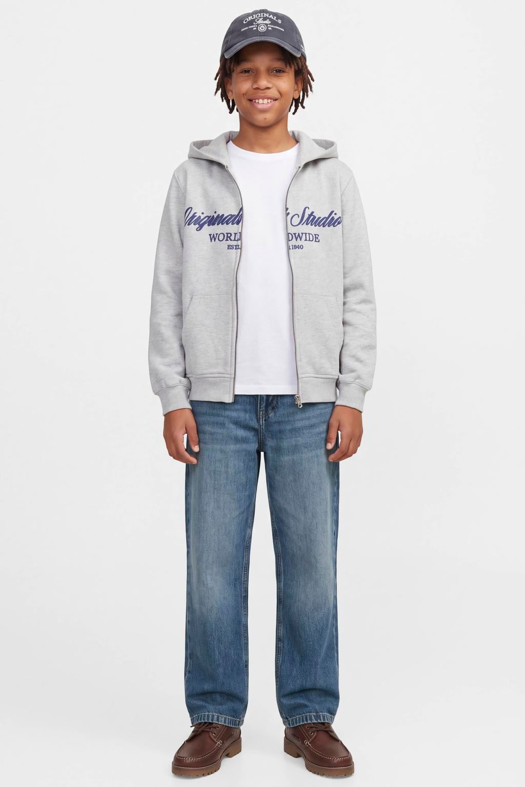 Medium blue denim jongens JACK & JONES JUNIOR baggy jeans blue van denim met rits- en knoopsluiting en effen
