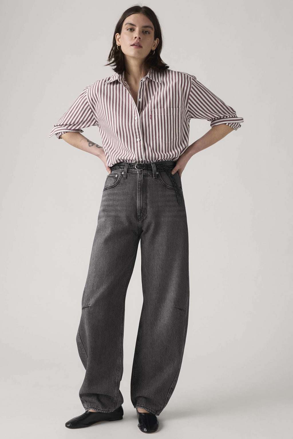 Grey denim dames Levi's jeans van denim met high waist, rits- en knoopsluiting en effen