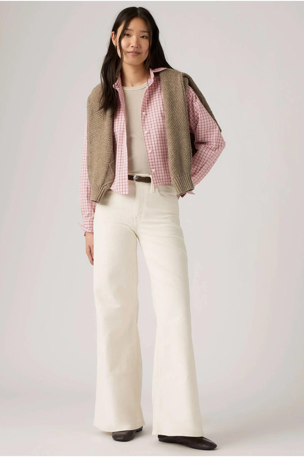 Ecru dames Levi's corduroy jeans van denim met high waist, rits- en knoopsluiting en effen