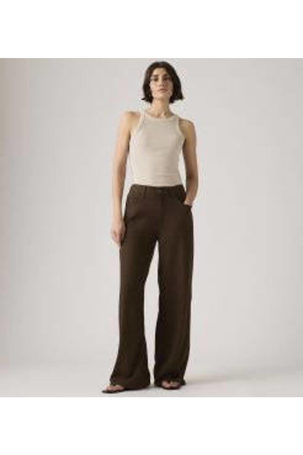 Donkerblauwe dames Levi's wide leg jeans van denim met high waist, rits- en knoopsluiting en effen