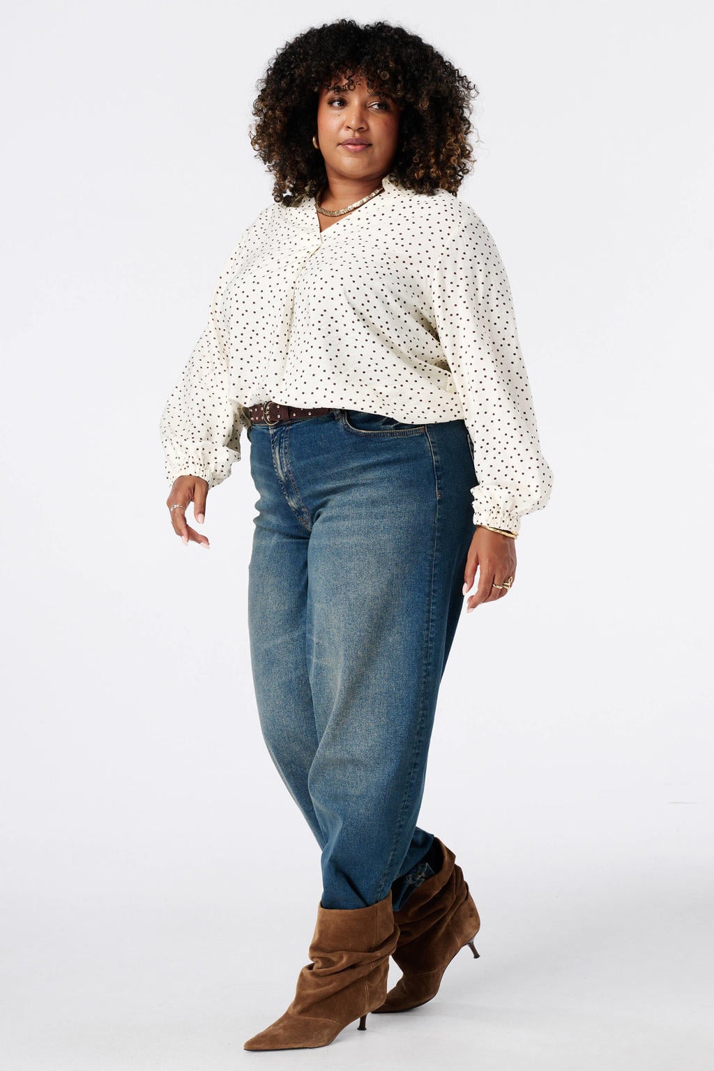 MS Mode Plus Size blouse met stippen - ecru/bruin