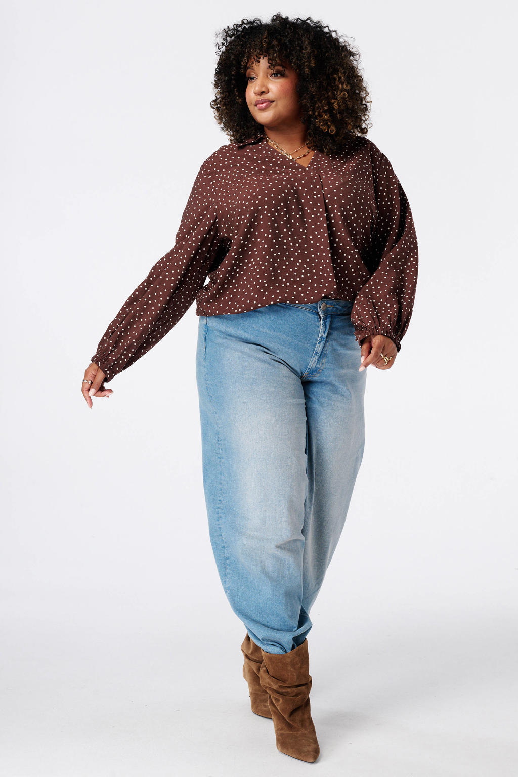 MS Mode Plus Size blouse met stippen - bruin/ecru