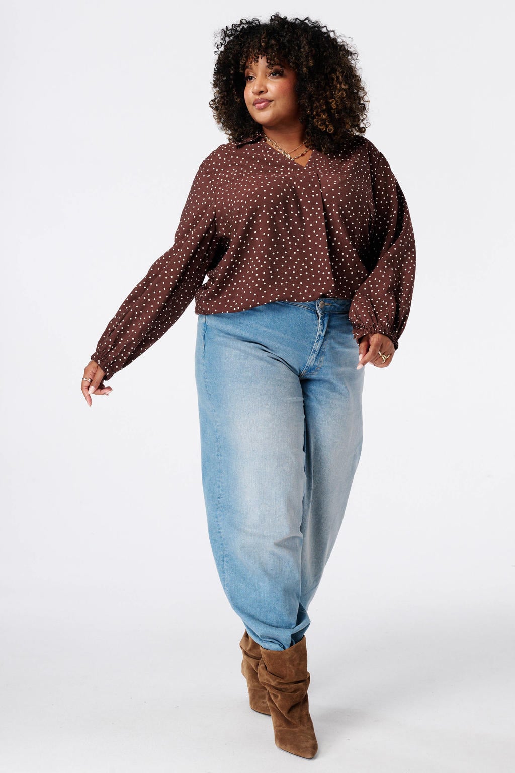 MS Mode Plus Size blouse met stippen - bruin/ecru