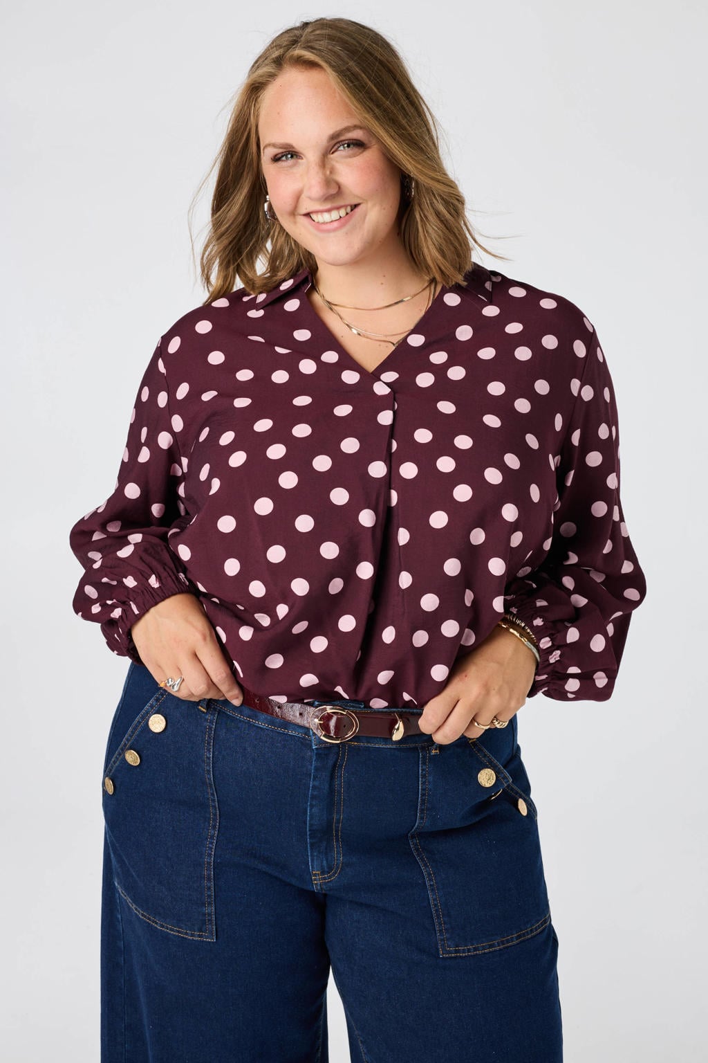 Rood en roze dames MS Mode blouse Plus Size met stippenprint, lange mouwen, klassieke kraag en knoopsluiting