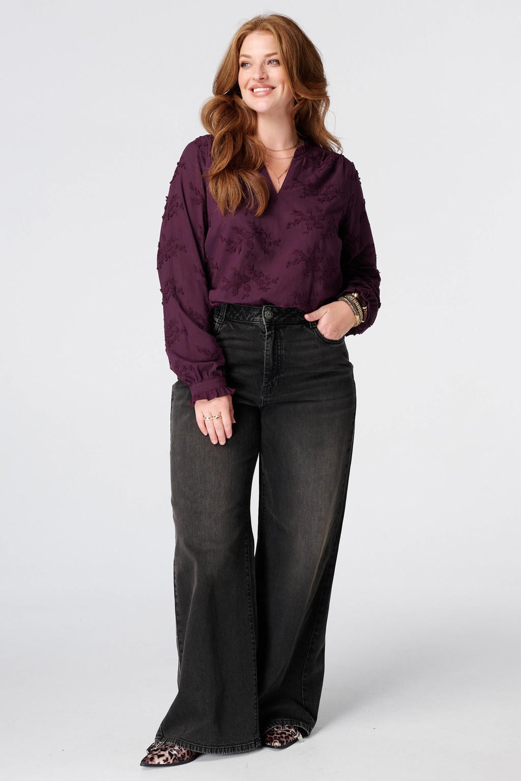 MS Mode top met borduursels Plus Size - aubergine