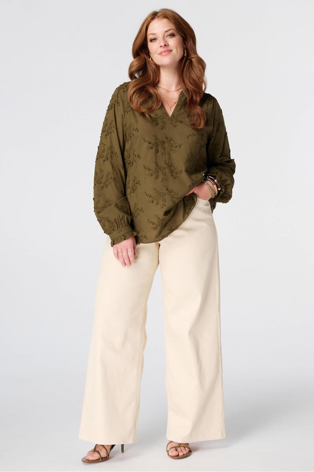 MS Mode top met borduursels, Plus Size - olijfgroen