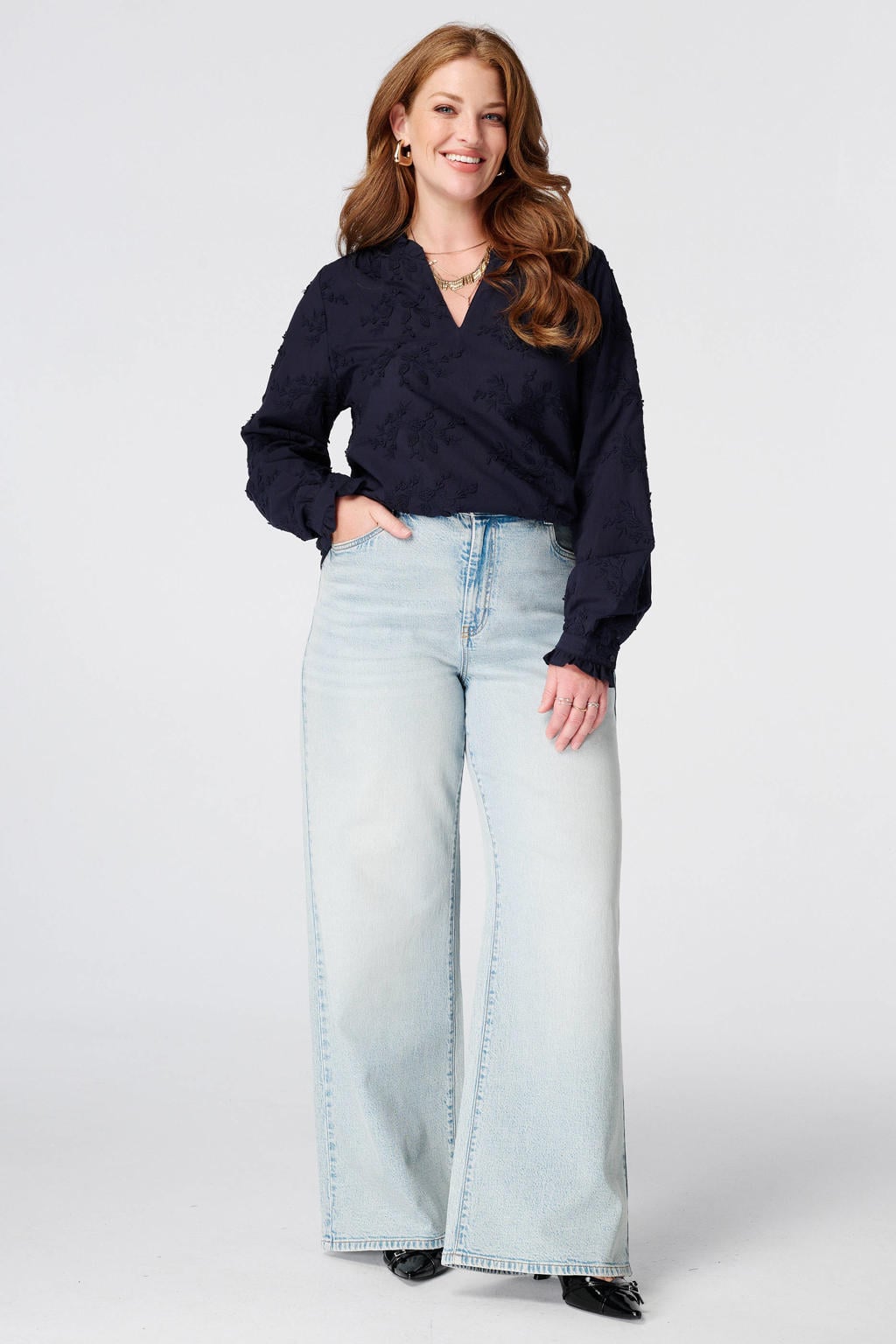 MS Mode top met borduursels Plus Size - donkerblauw