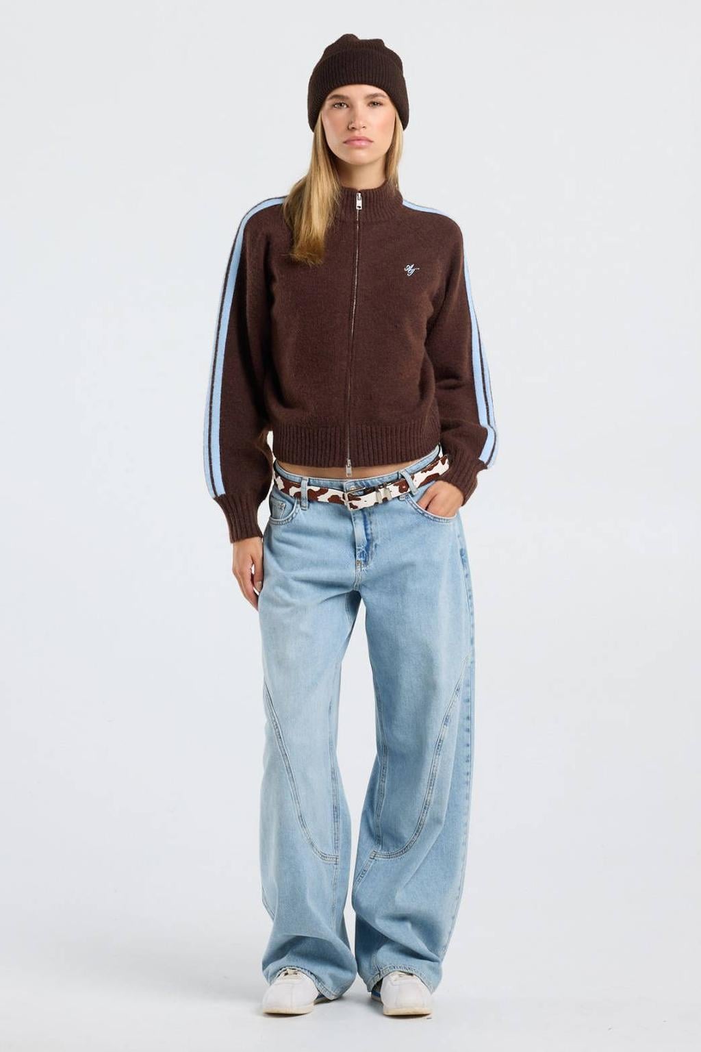 America Today gestreept gebreid vest - bruin/lichtblauw