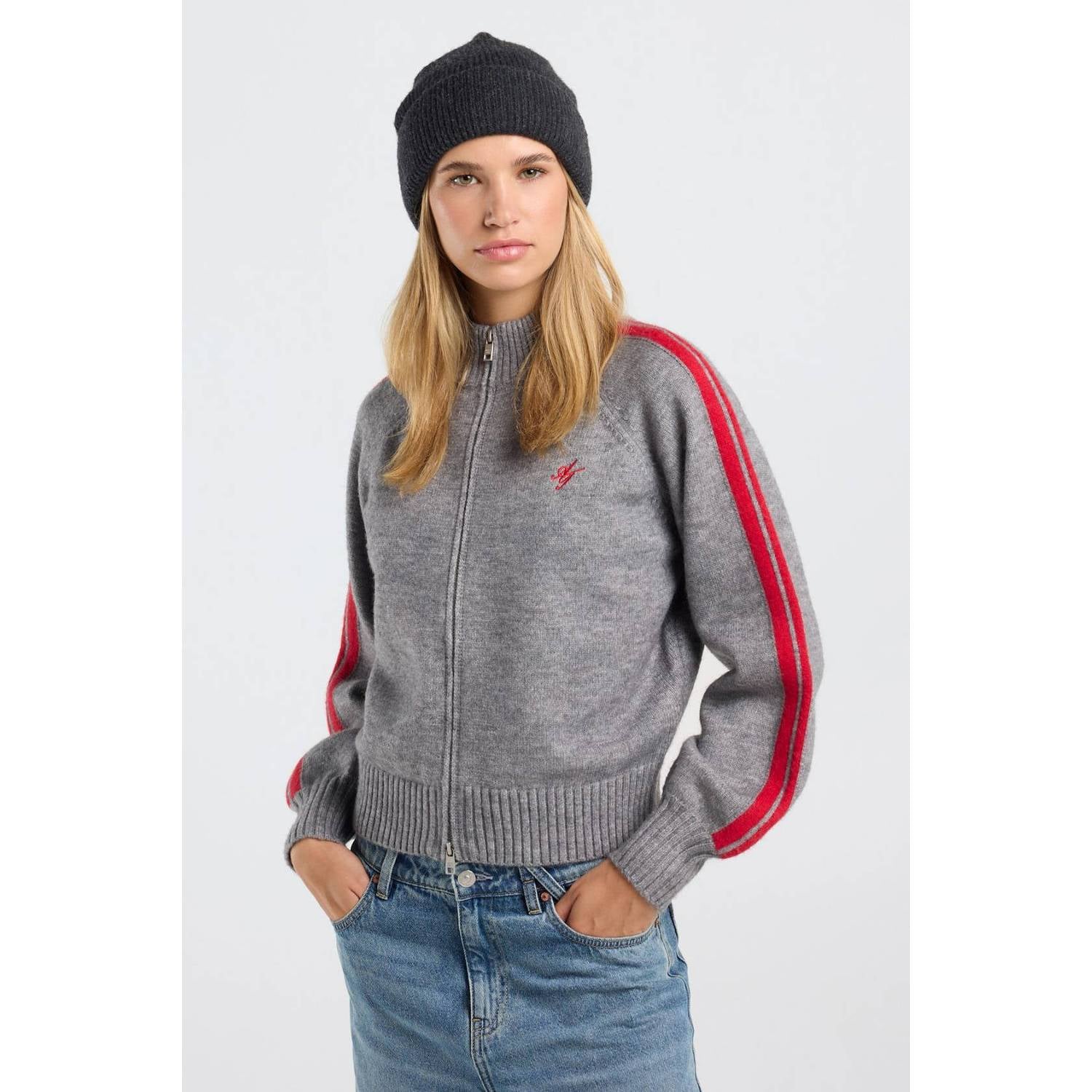 America Today gebreid vest grijs rood