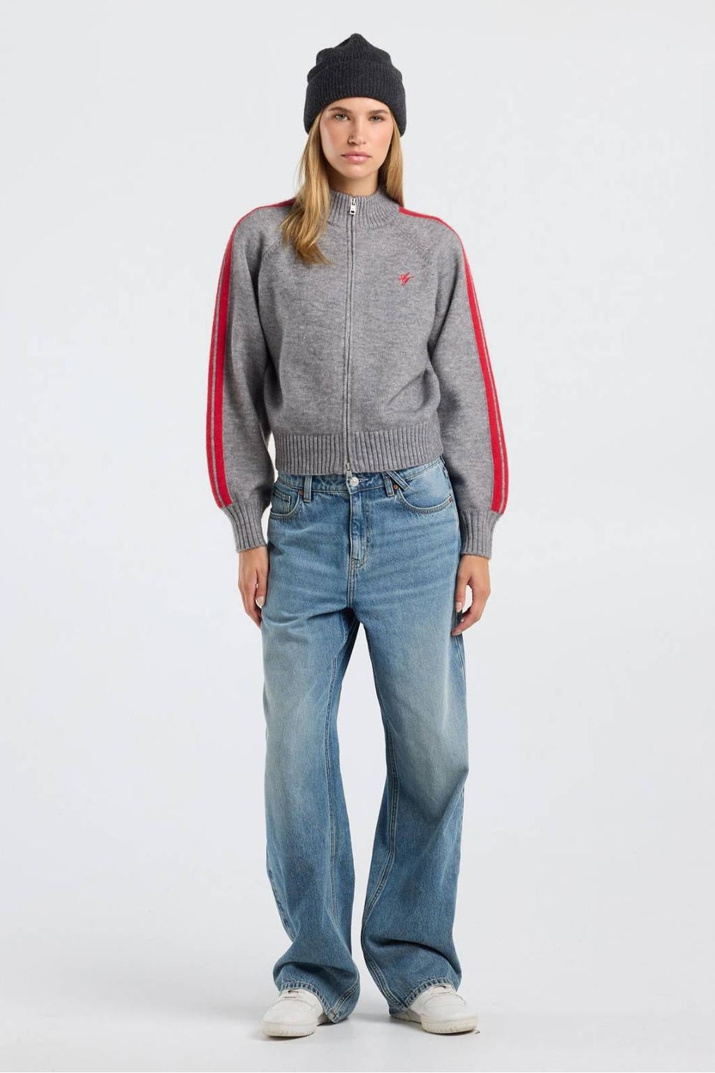 America Today gebreid vest - grijs/rood