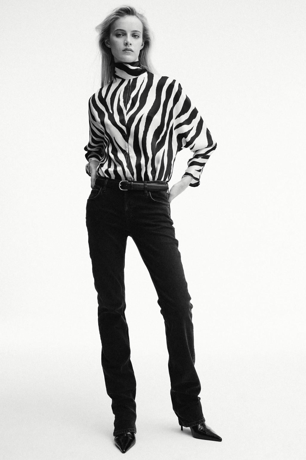 Zwart en witte dames Mango top van polyester met zebraprint en lange mouwen