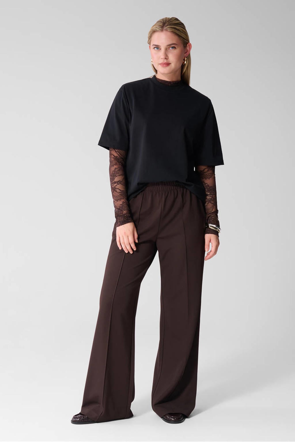 Donkerblauwe dames Shoeby wide leg broek met high waist en effen