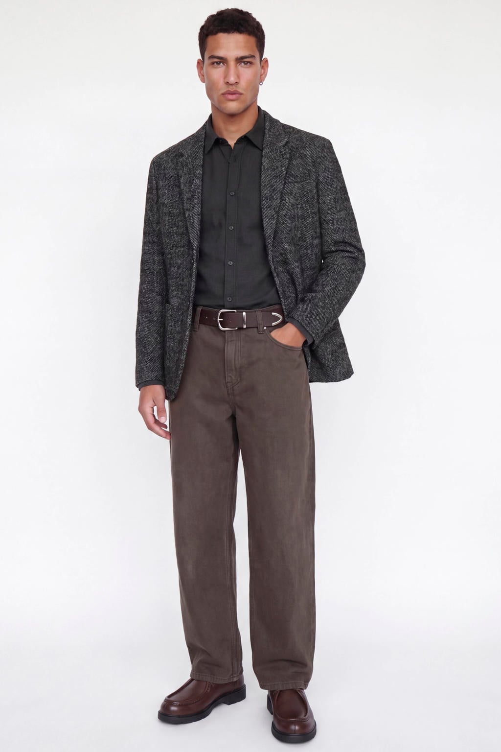 Zwarte heren JACK & JONES ESSENTIALS regular fit gemêleerd casual overhemd van katoen met melée print, lange mouwen en klassieke kraag