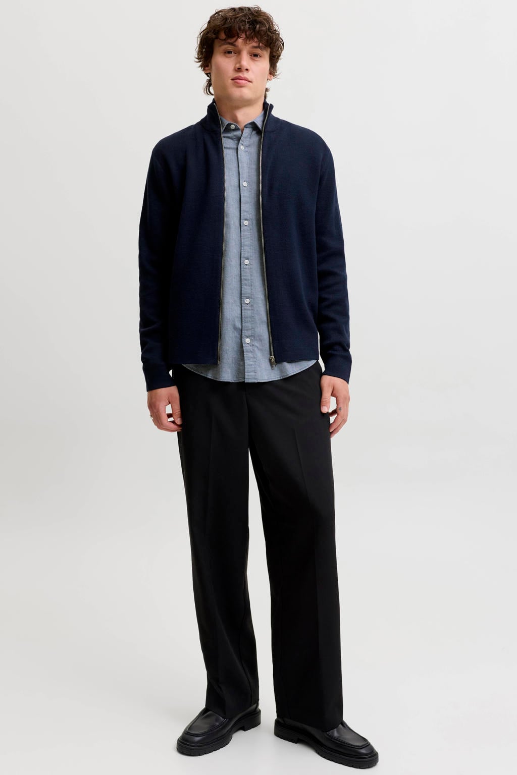 Blauwe heren JACK & JONES ESSENTIALS regular fit gemêleerd overhemd van katoen met melée print, lange mouwen en klassieke kraag