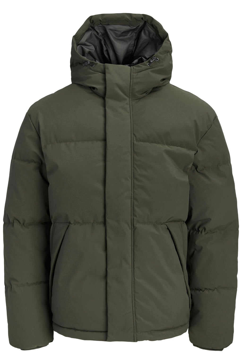 Donkergroene heren JACK & JONES ESSENTIALS pufferjas van polyester met effen, lange mouwen, capuchon, rits- en drukknoopsluiting en doorgestikte details