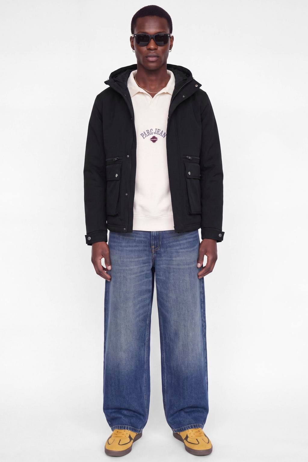 Zwarte heren JACK & JONES ESSENTIALS parka jas van polyester met effen, lange mouwen, capuchon, rits- en drukknoopsluiting en gebreide details