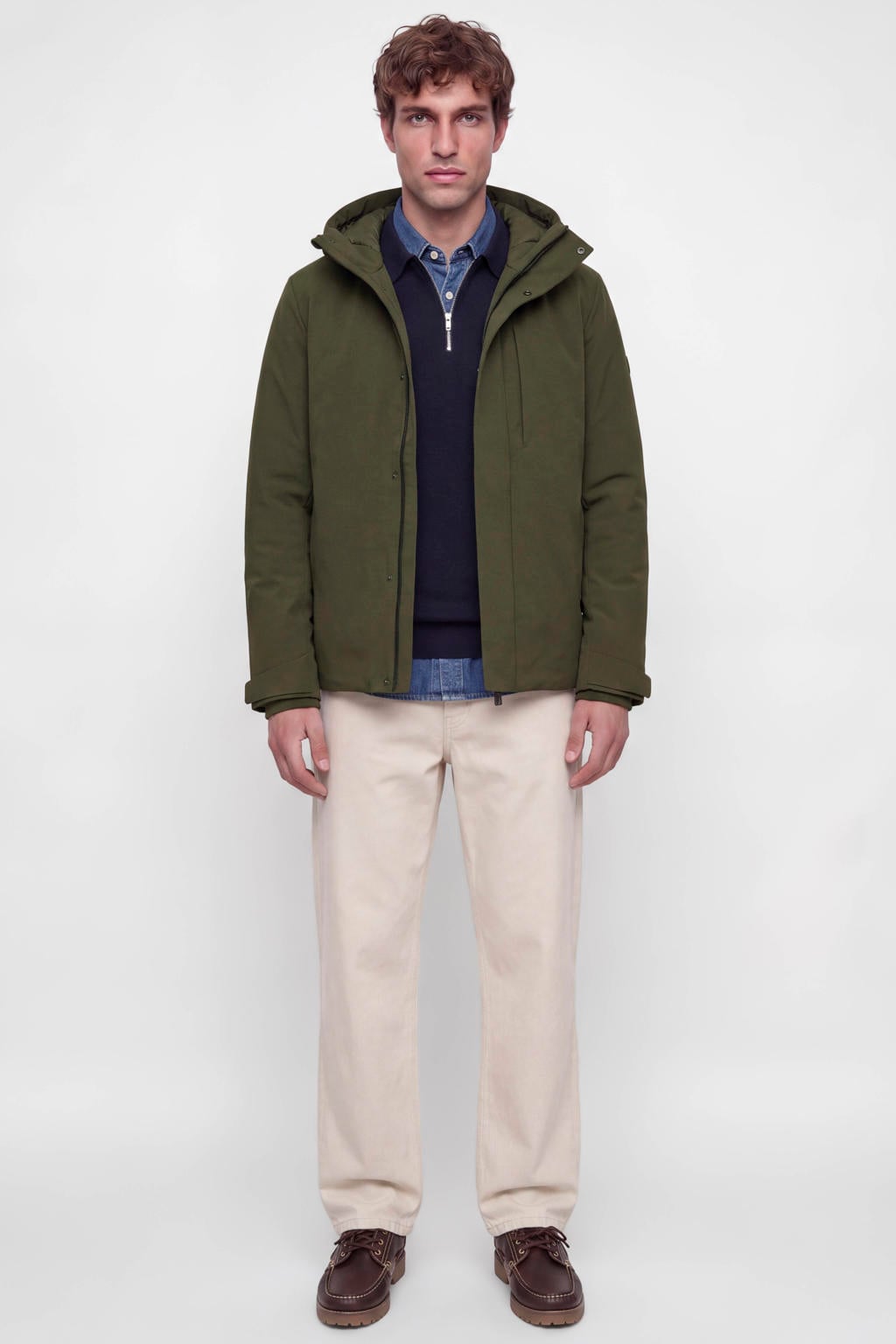 Donkergroene heren JACK & JONES ESSENTIALS winterjas van polyester met effen, lange mouwen, capuchon, rits- en drukknoopsluiting en gebreide details