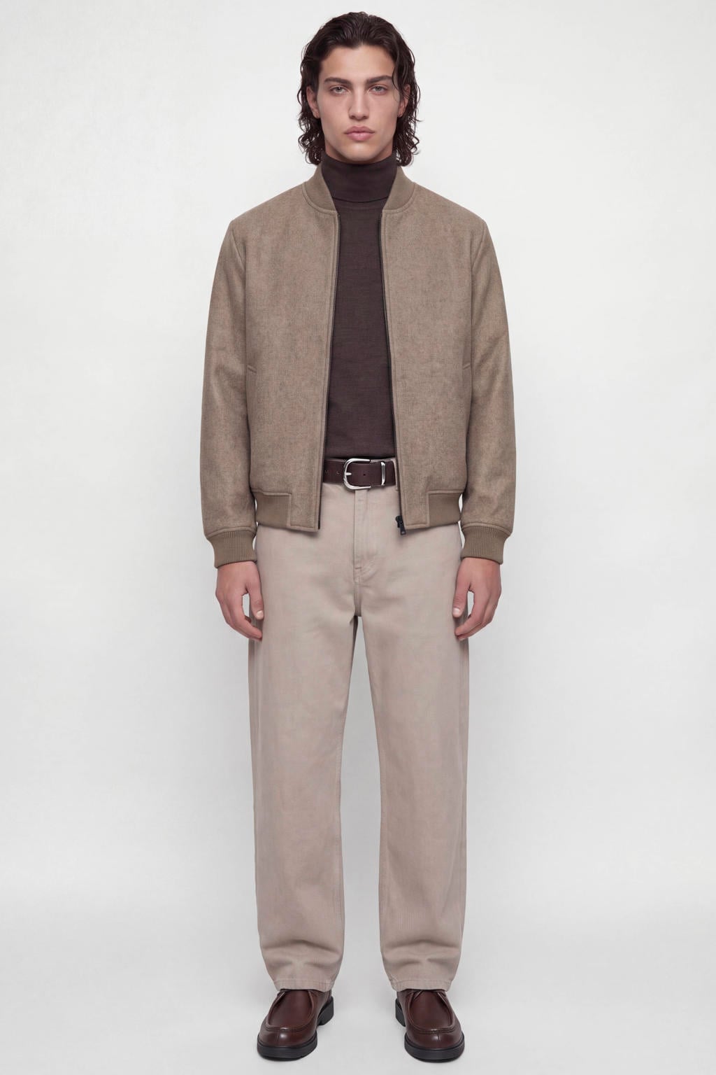 Lichtbruine heren JACK & JONES ESSENTIALS bomberjack van polyester met melée print, lange mouwen, opstaande kraag, ritssluiting en elastische boord