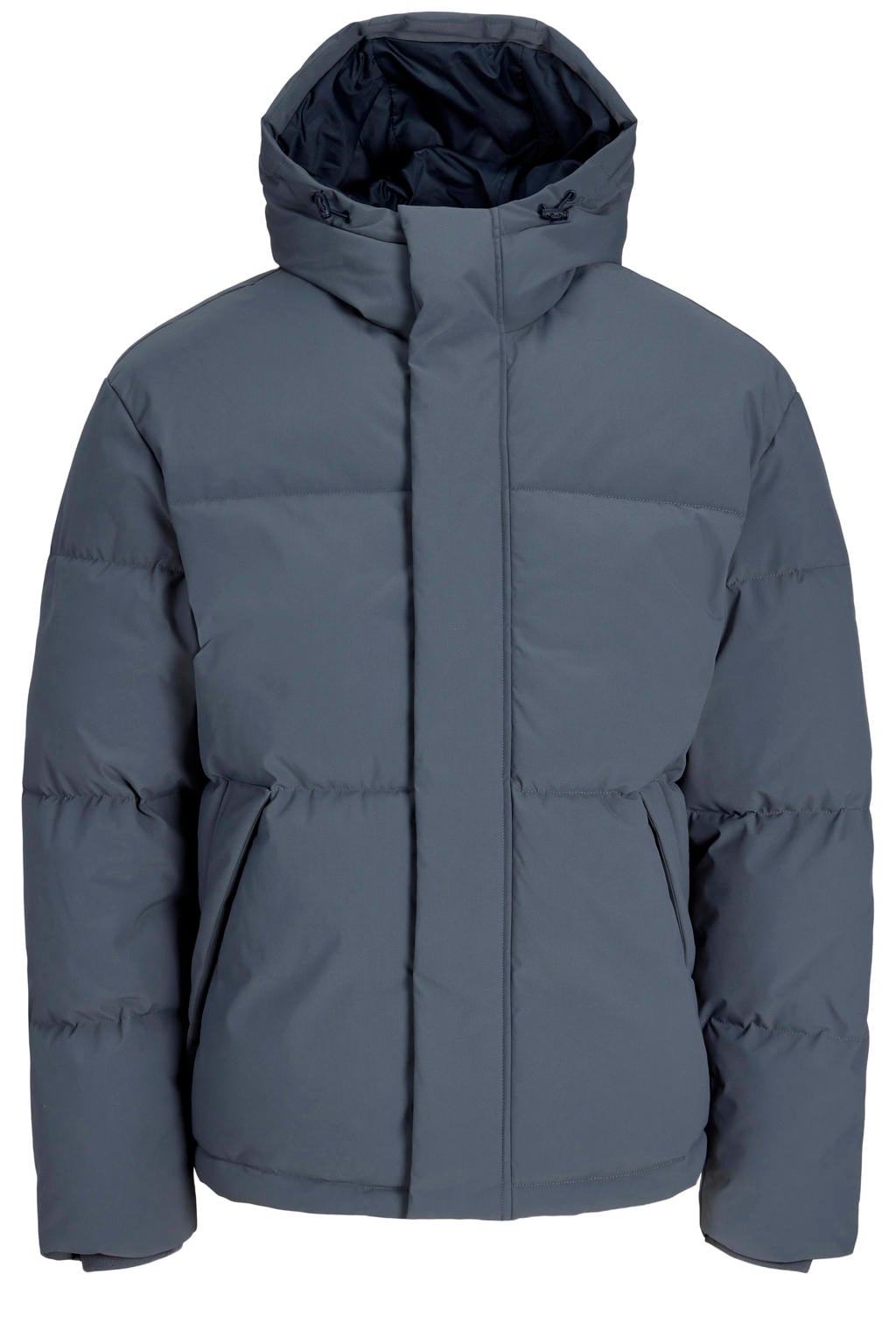 Grijsblauwe heren JACK & JONES ESSENTIALS pufferjas blauw van polyester met effen, lange mouwen, capuchon, rits- en drukknoopsluiting en doorgestikte details