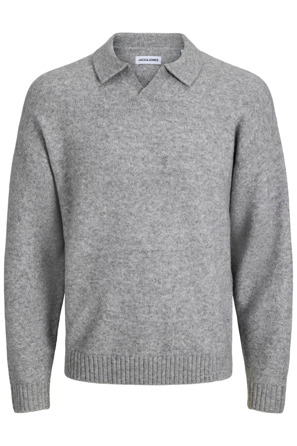 Grijze heren JACK & JONES ESSENTIALS wollen gebreide trui met melée print, lange mouwen en polo kraag