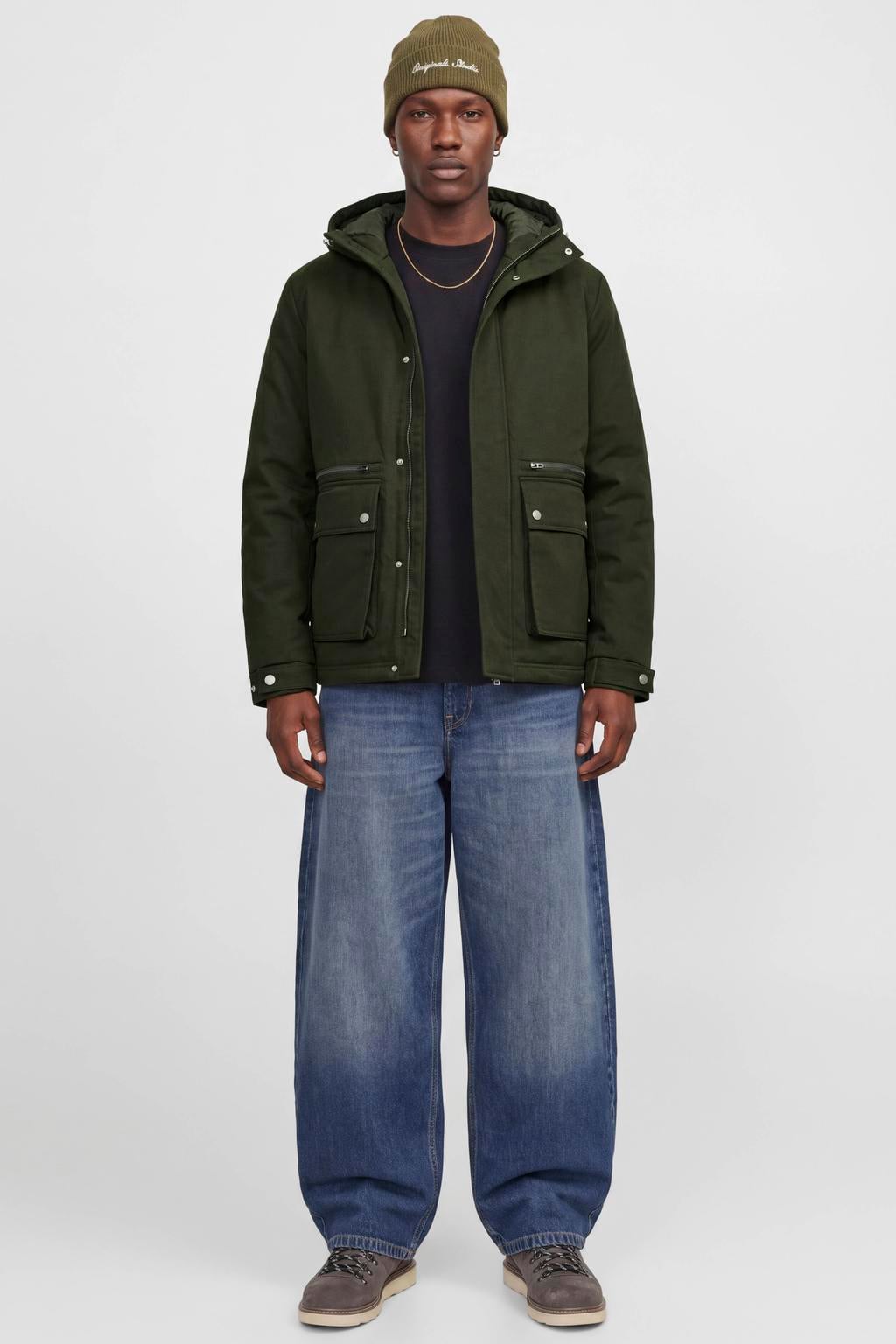 Donkergroene heren JACK & JONES ESSENTIALS parka van polyester met effen, lange mouwen, capuchon, rits- en drukknoopsluiting en gebreide details