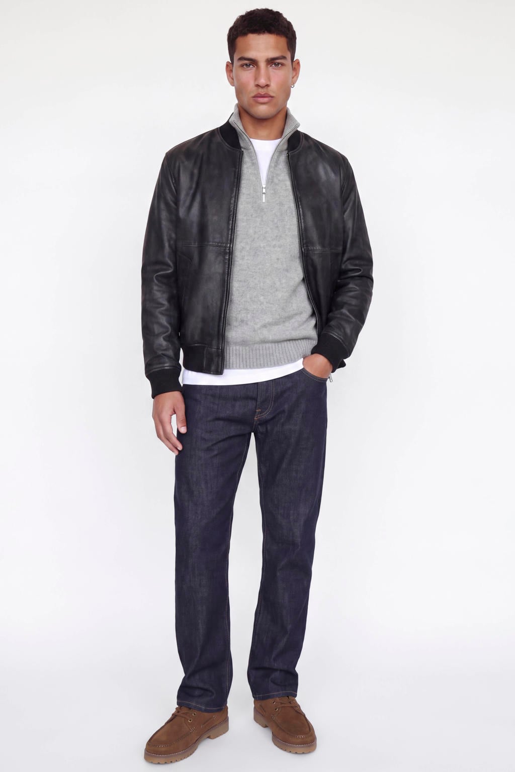 Grijs melange heren JACK & JONES ESSENTIALS regular fit gebreide trui van wol met effen, lange mouwen en opstaande kraag