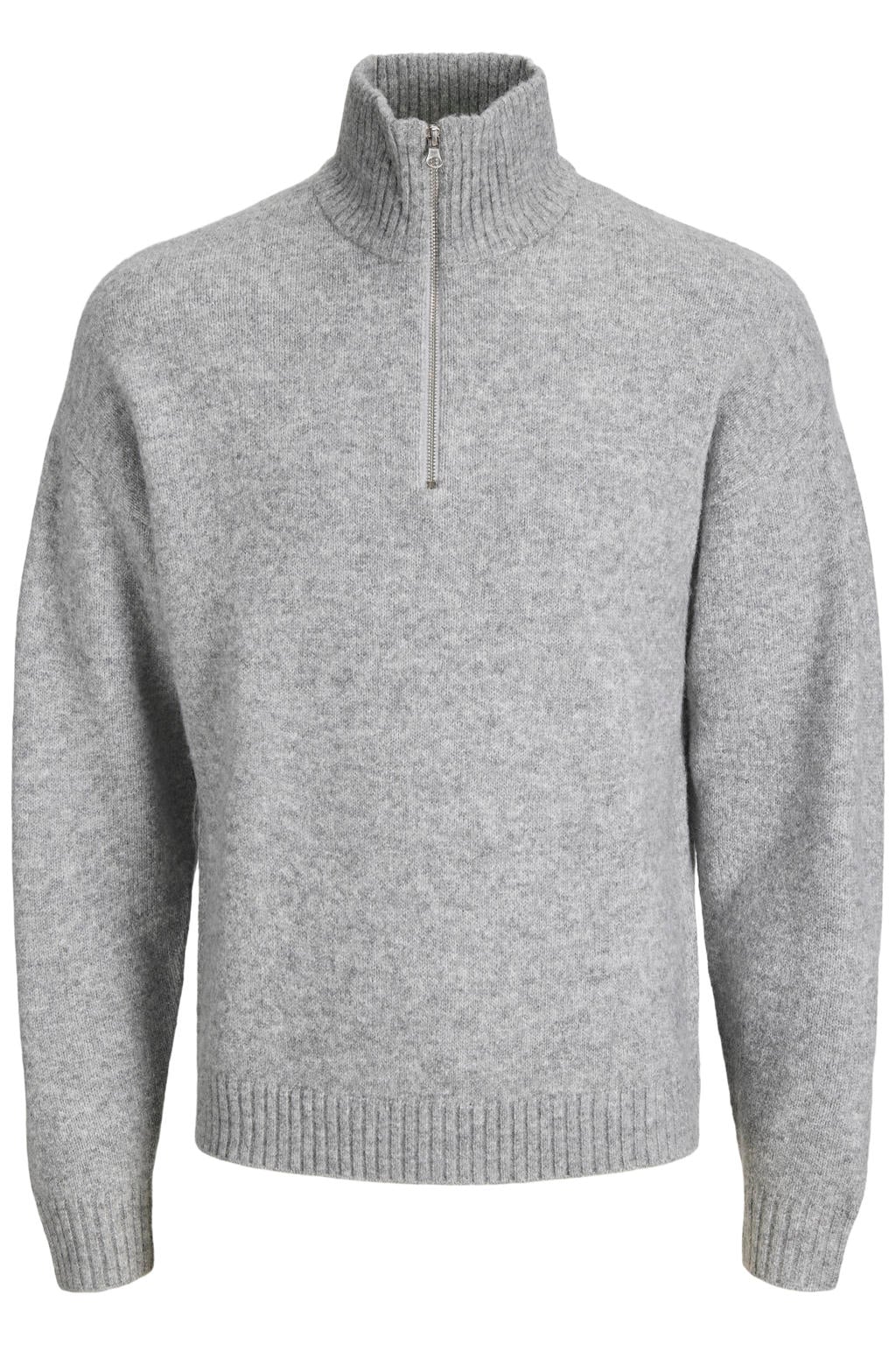 Grijs melange heren JACK & JONES ESSENTIALS regular fit gebreide trui van wol met effen, lange mouwen en opstaande kraag