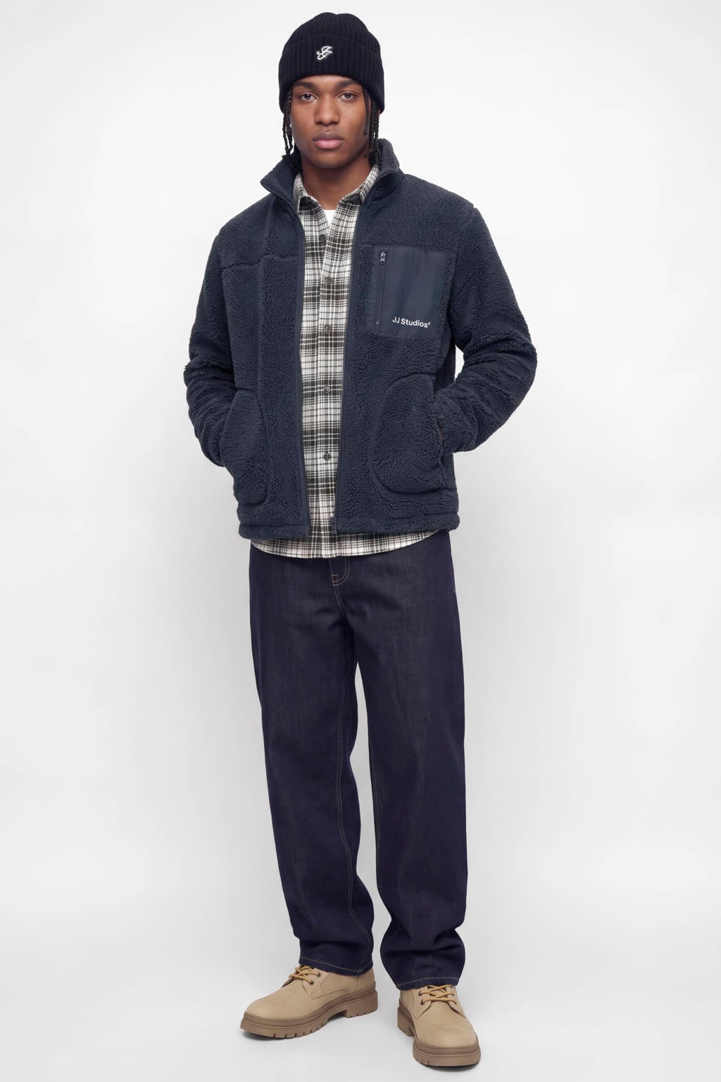 Grijsblauwe heren JACK & JONES ESSENTIALS teddy jas met effen, lange mouwen, opstaande kraag en ritssluiting