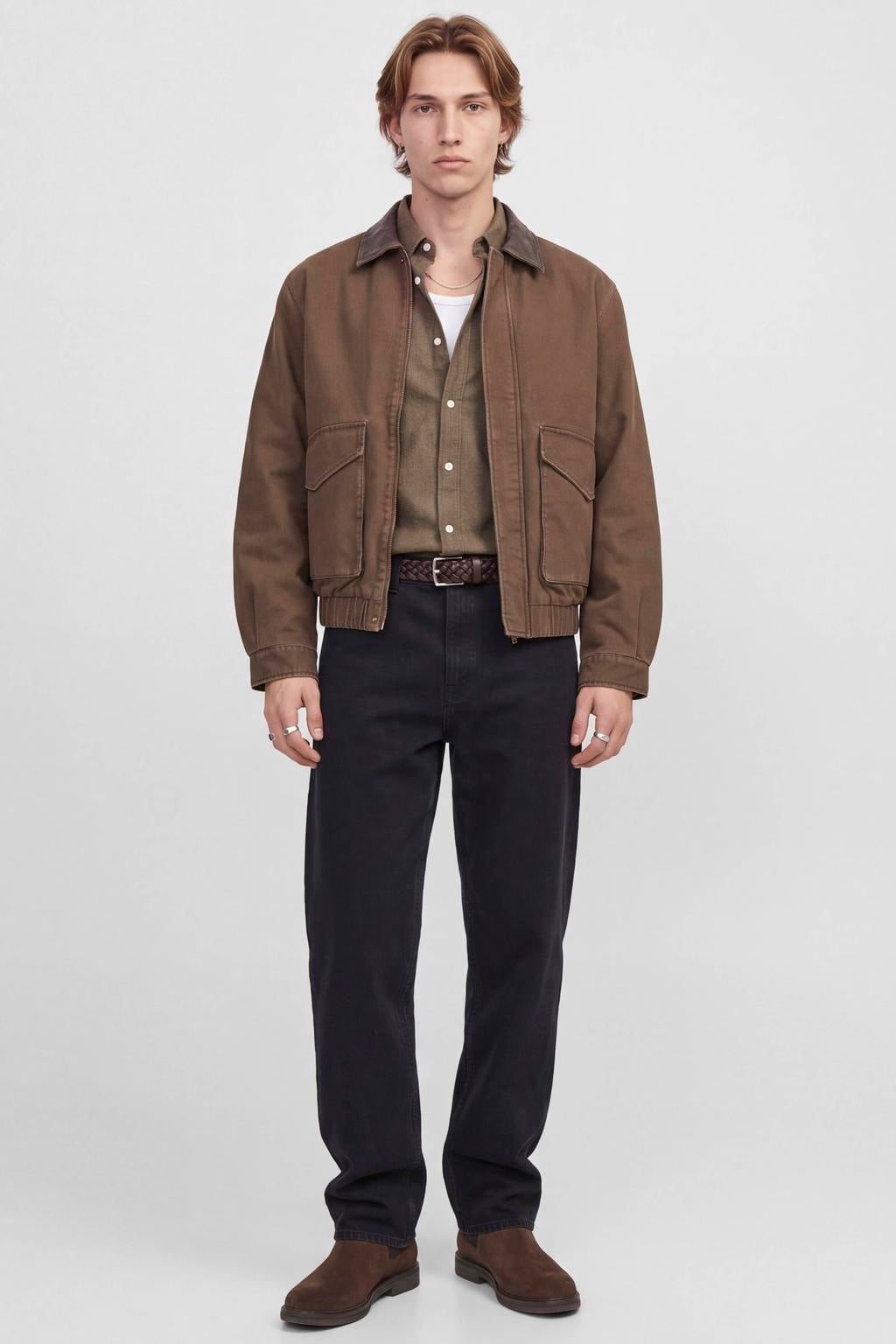 JACK & JONES PREMIUM flanel regular fit gemêleerd overhemd - bruin