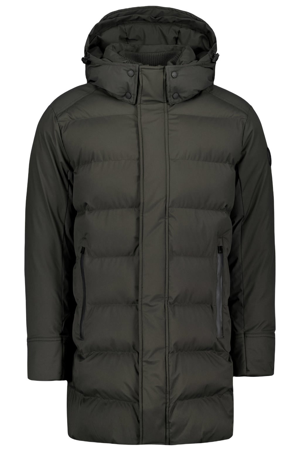 Donkergroene heren Airforce grant winterjas van polyester met effen, lange mouwen, capuchon, rits- en drukknoopsluiting en doorgestikte details