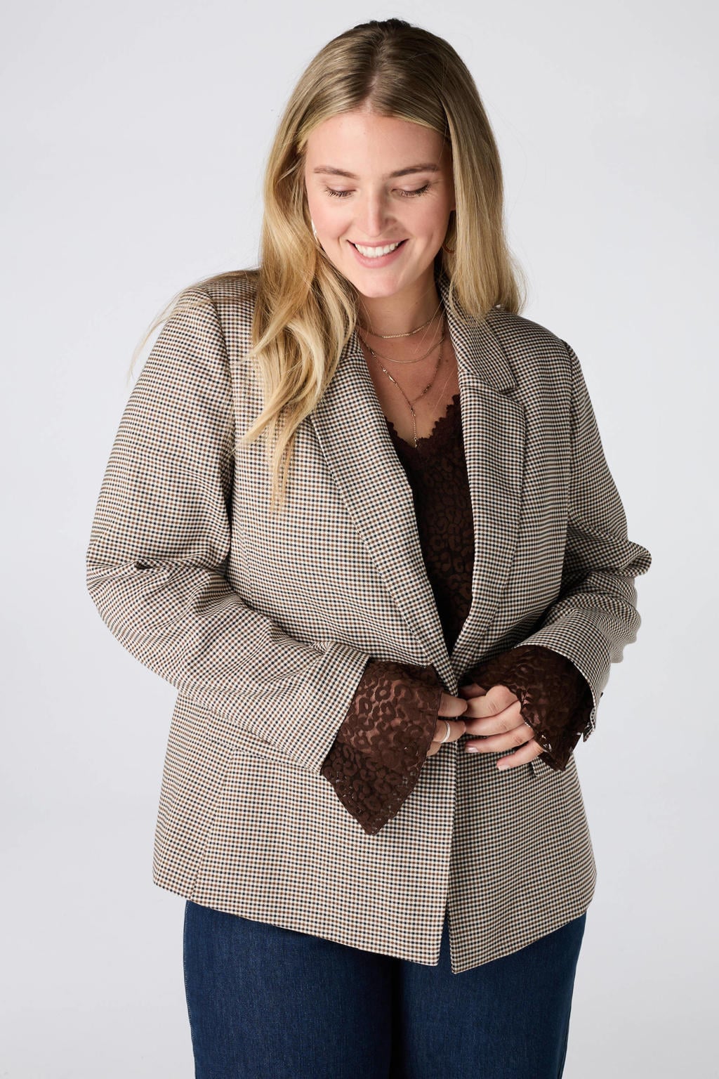 Bruine dames MS Mode Plus Size geruite regular blazer van polyester met lange mouwen, reverskraag en knoopsluiting