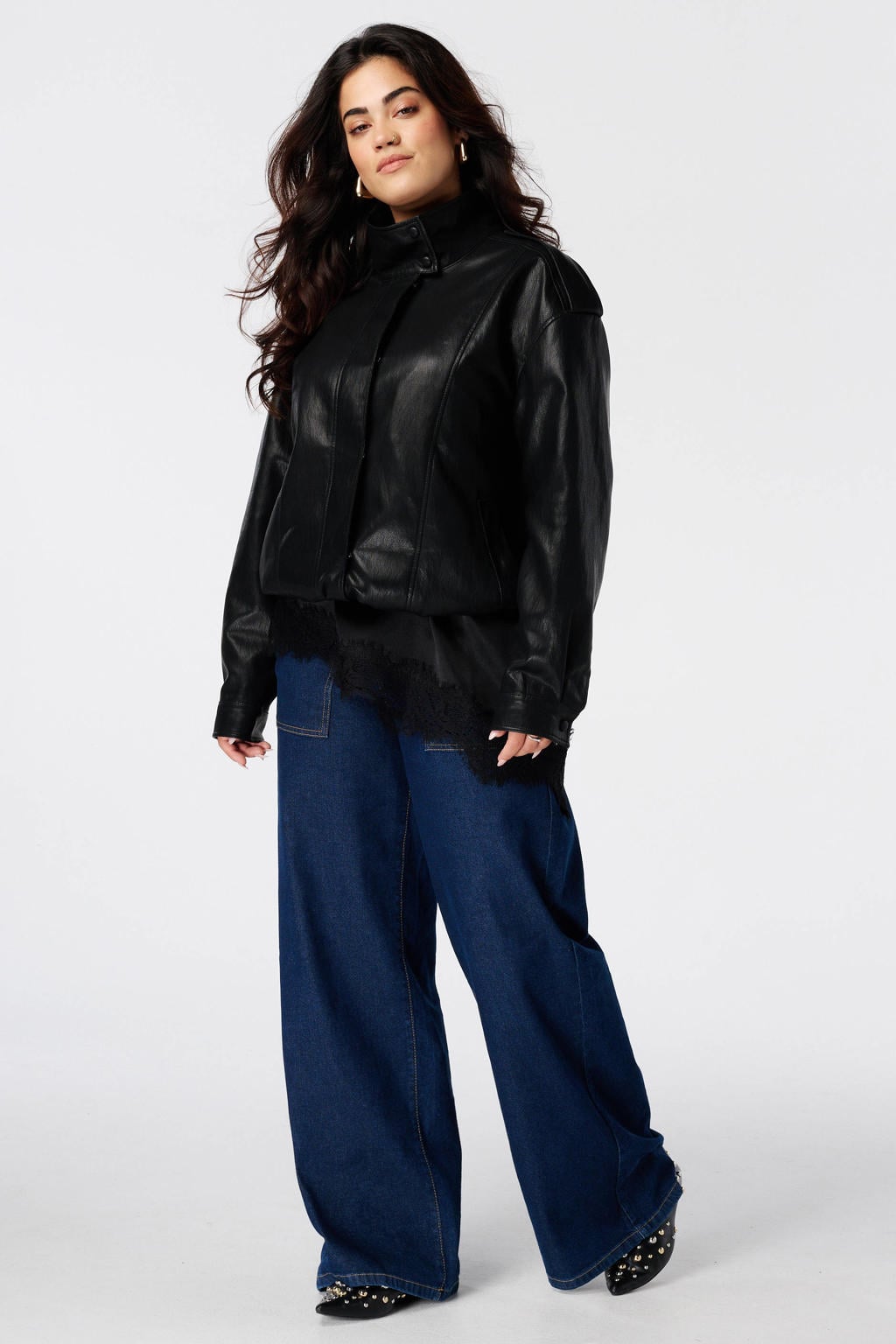 MS Mode Plus Size imitatieleren jas - zwart