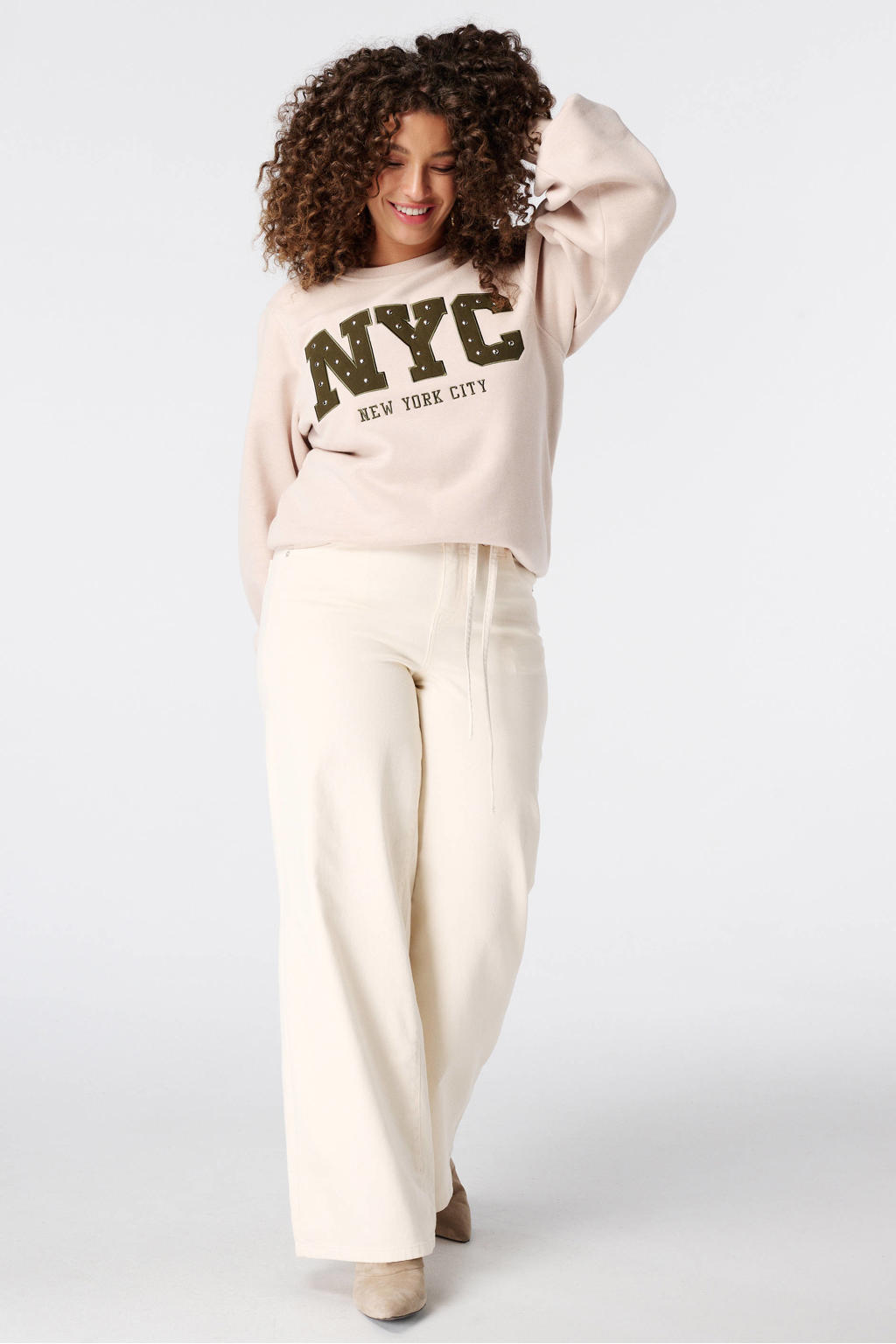 MS Mode sweater met borduursels - ecru/kaki