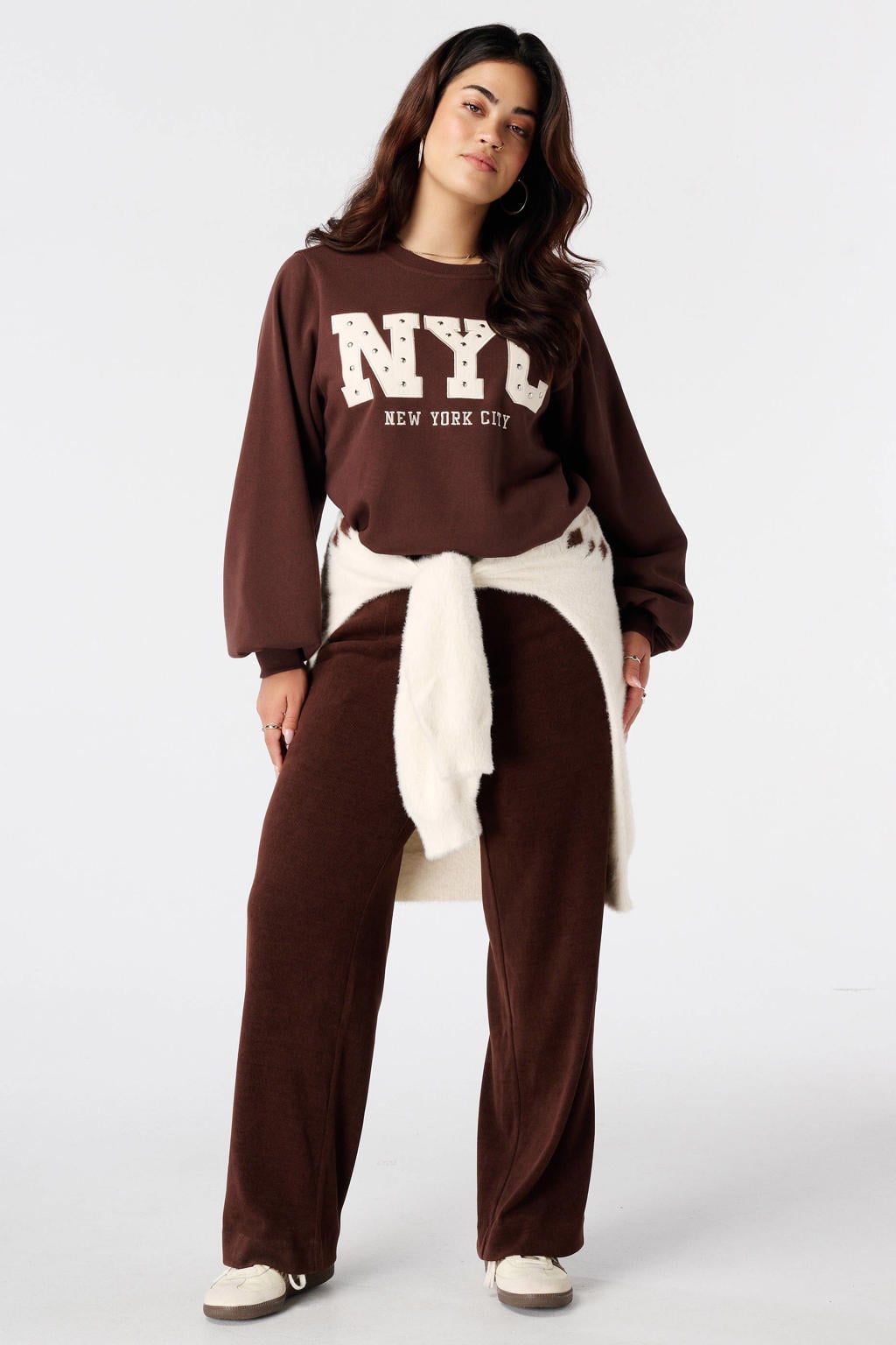 MS Mode sweater met borduursels - bruin/ecru