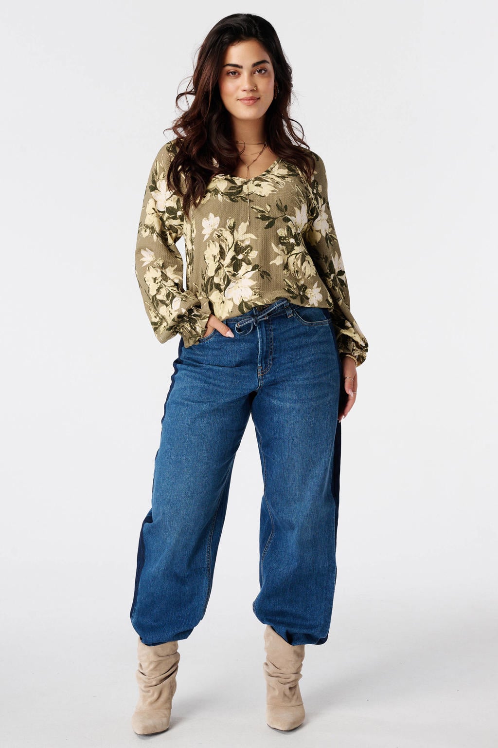 MS Mode Plus Size gebloemde top - kaki
