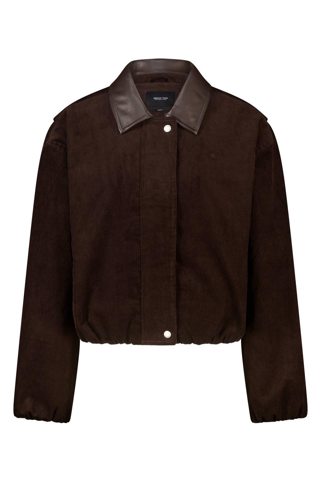 Donkerblauwe dames America Today corduroy jas met effen, lange mouwen en rits- en drukknoopsluiting
