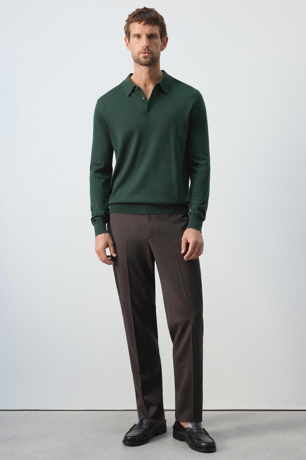 Donkergroene heren Mango Man wollen regular fit gemêleerde polo met melée print, lange mouwen en geribde boorden