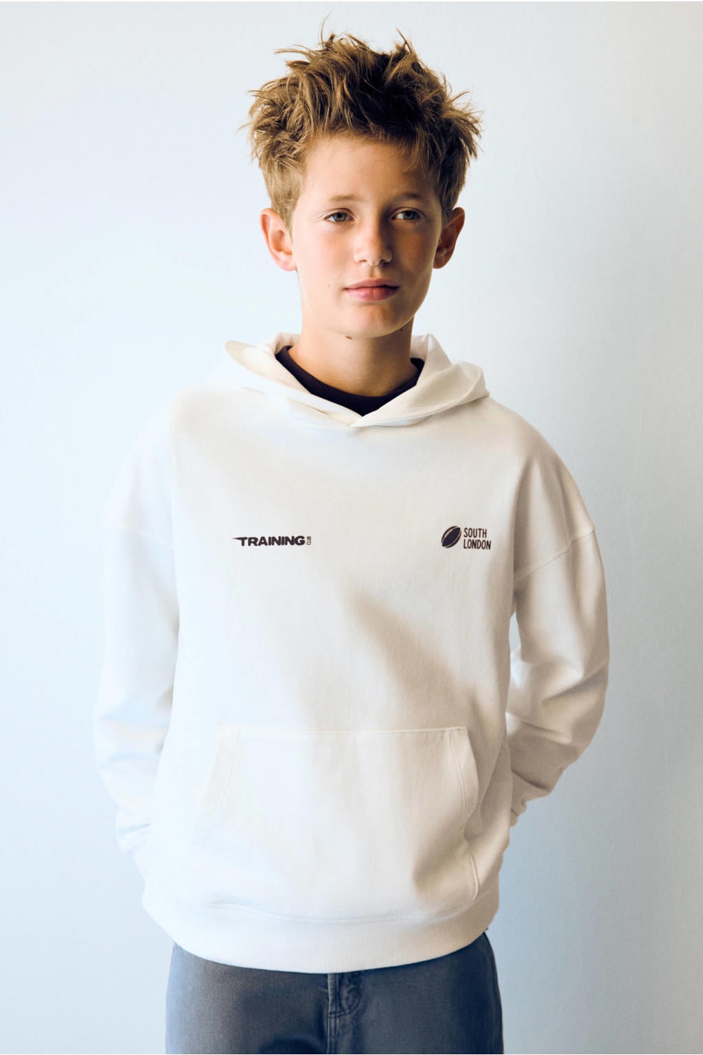 Witte jongens Mango Kids hoodie van sweat materiaal met backprint, lange mouwen en capuchon