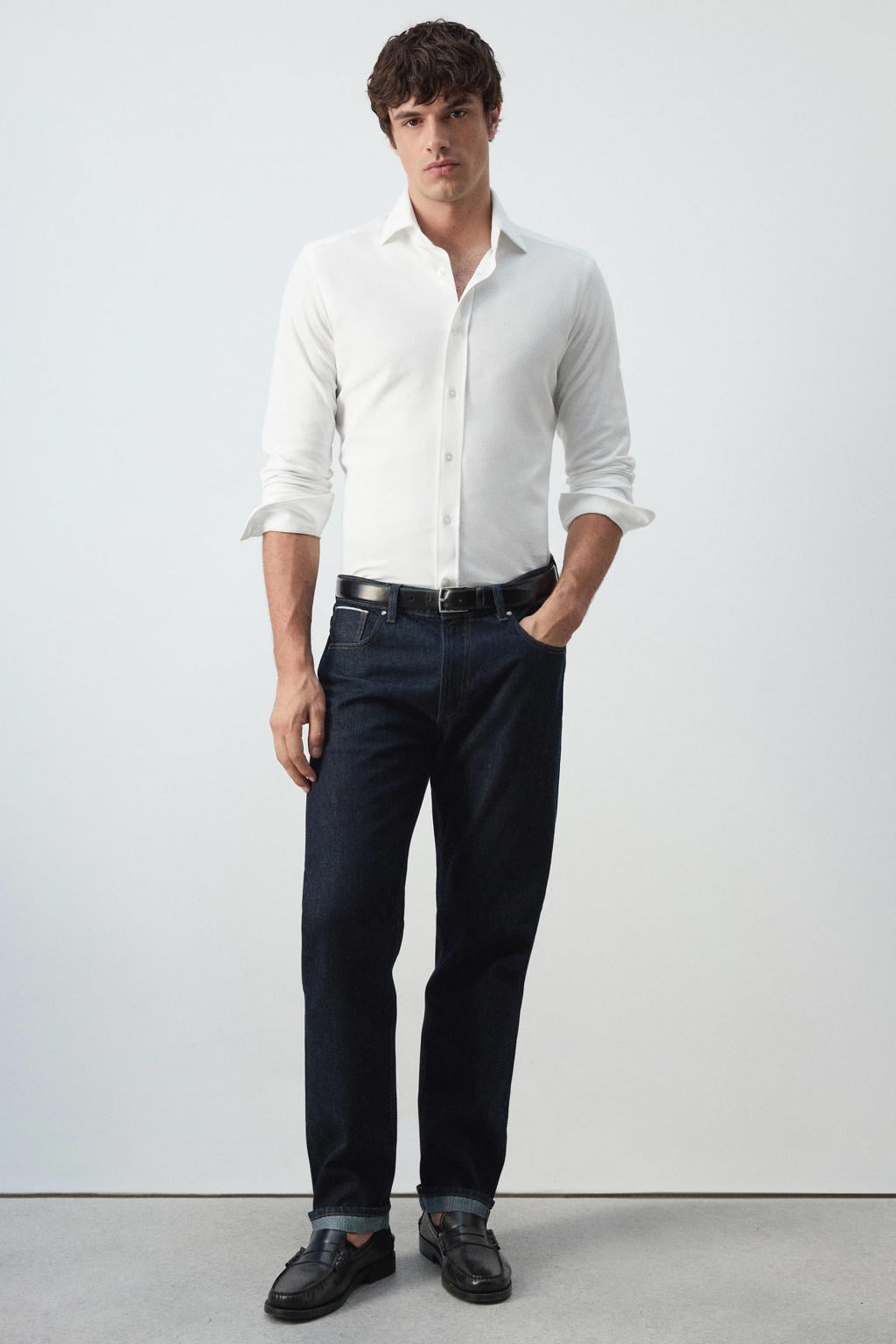 Witte heren Mango Man slim fit overhemd van katoen met effen, lange mouwen en klassieke kraag