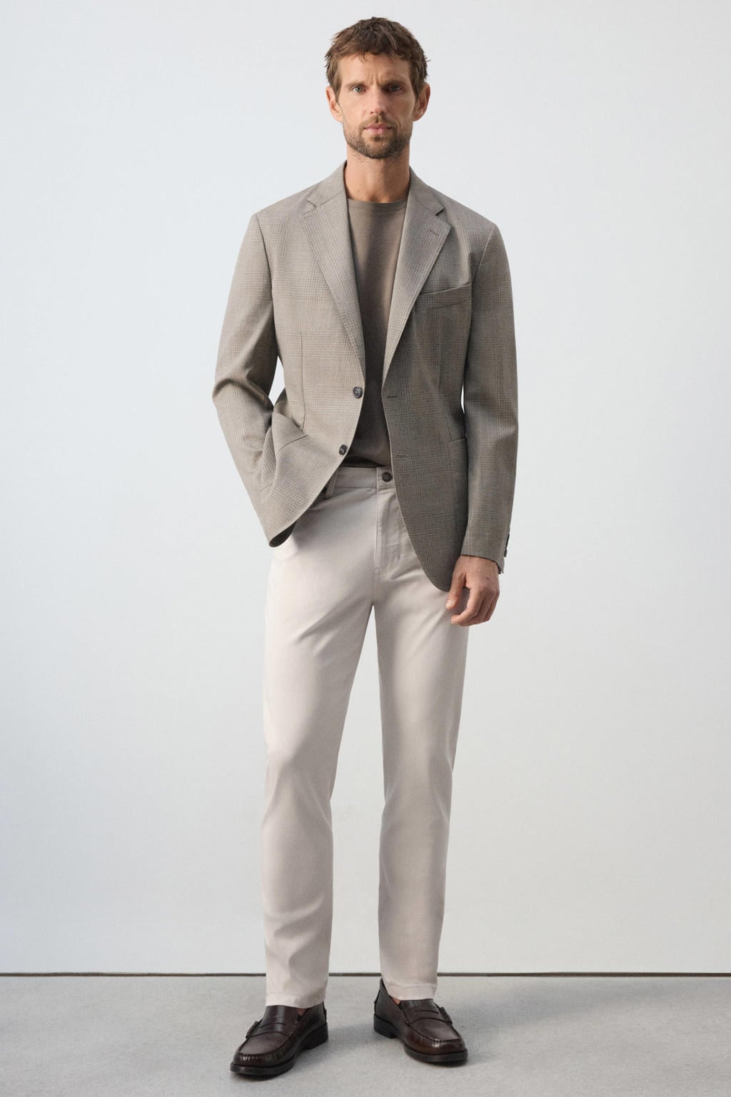 Mango Man regular fit geruit colbert met wol - lichtbeige