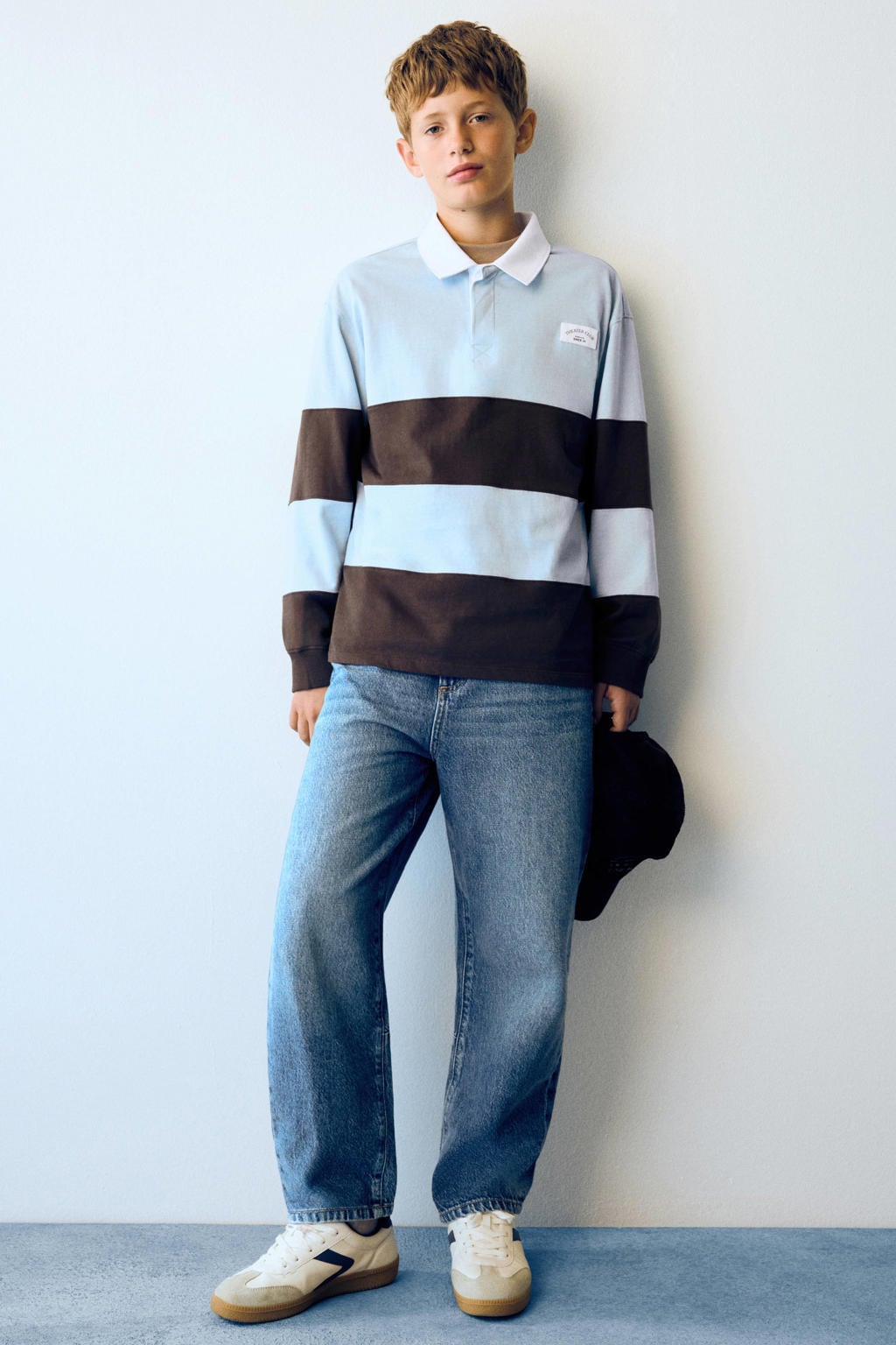 Lichtblauw en bruine jongens Mango Kids gestreepte longsleeve van katoen met lange mouwen en geribde boorden