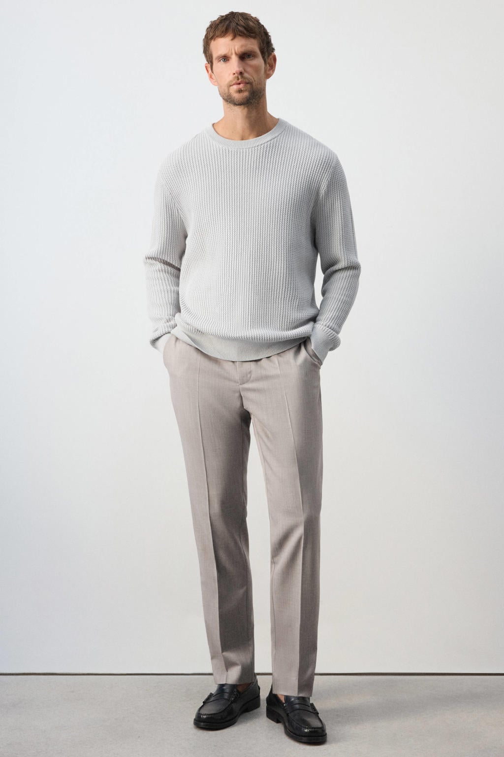 Grijze heren Mango Man katoenen relaxed fit gebreide trui met lange mouwen en ronde hals