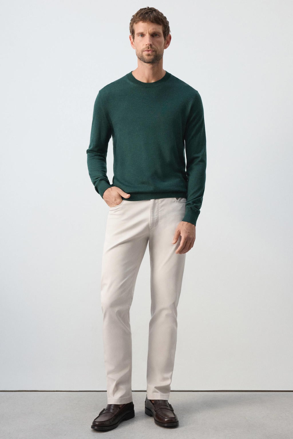 Donkergroene heren Mango Man wollen relaxed fit trui met effen, lange mouwen en ronde hals