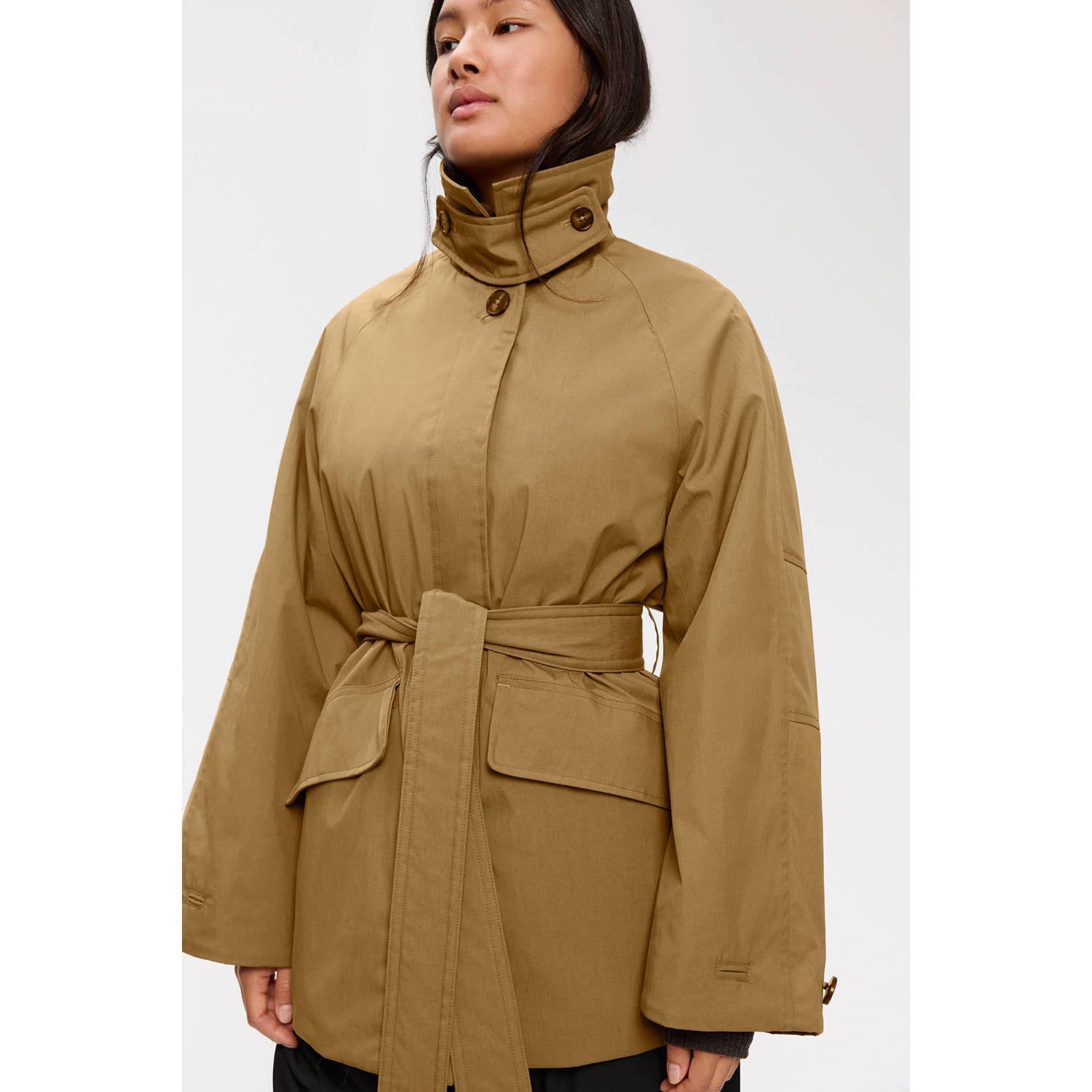 Elvine katoenen trenchcoat met ceintuur camel