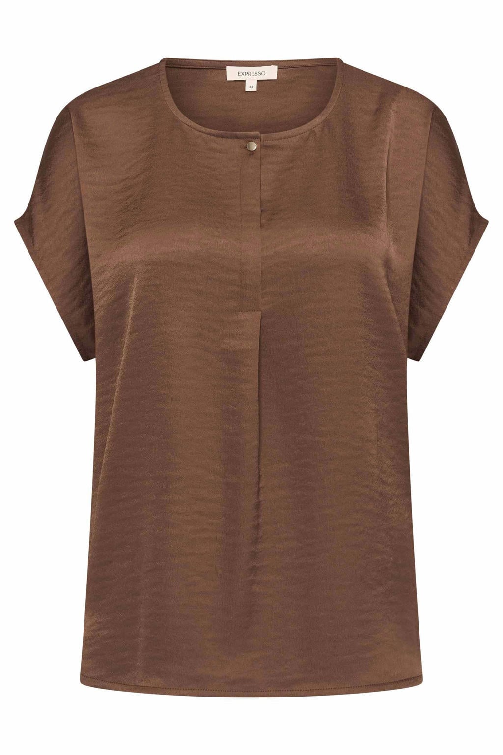 Bruine dames Expresso satijnen blousetop met effen, korte mouwen en ronde hals